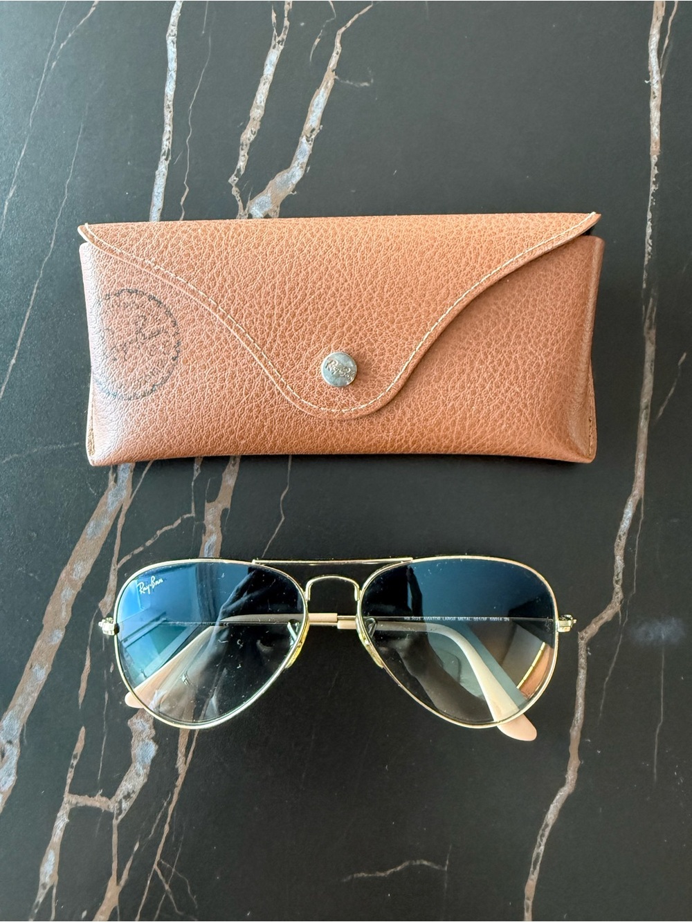 Ray-Ban Brown Leather Sunglasses Case with Blue Lens Aviator Sunglasses